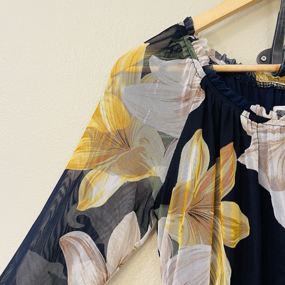 Kate & Lilly Floral Maxi Dress Mesh Long Sleeve Navy Yellow Tiered Ruffles Sz 4 - Picture 3 of 9